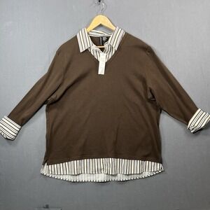 Jason Maxwell Layered Look Sweater 2X Brown/stripe Collar